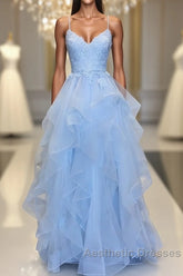 Blue sleeveless Evening Prom Dresses,applique spaghetti-straps v-neck evening Dresses,tulle lace ruffles party Dresses